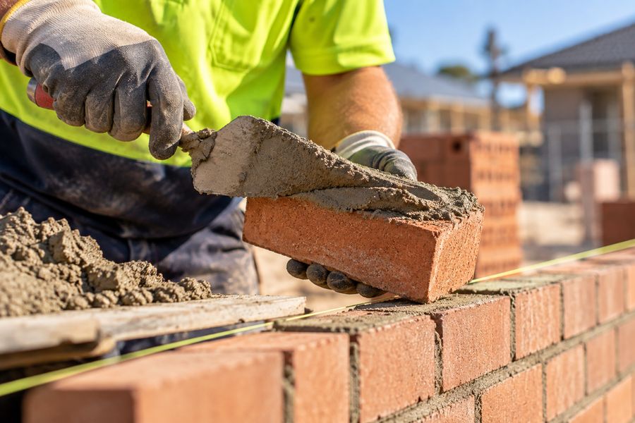 Bricklayer laying a brick to a string line