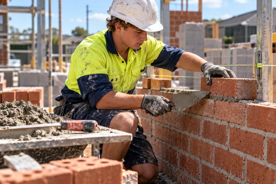 Apprentice laying bricks on a residential site