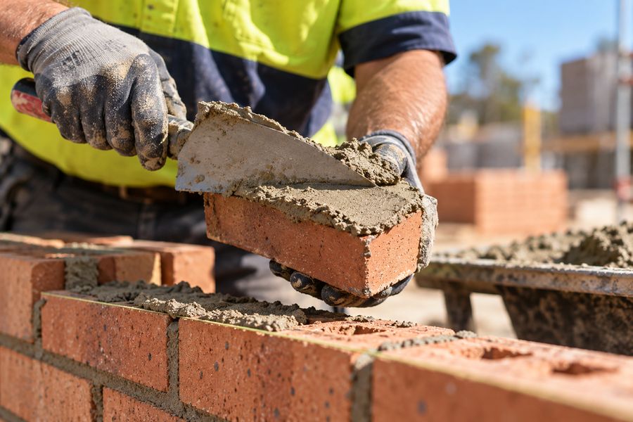 Bricklayer buttering a brick with a trowel